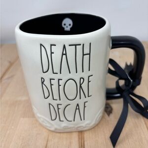Rae Dunn DEATH BEFORE DECAF Mug White Double Sided Black Interior Skull Inside
